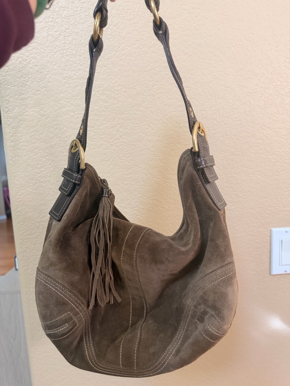 Coach Olive Brown Suede Hobo with Tassel